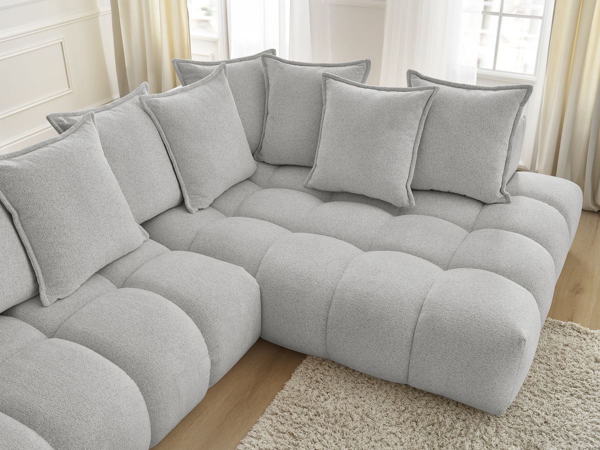 Bobochic Everest Ecksofa, 10 Kissen Melange-Stoff Hellgrau Ecke rechts