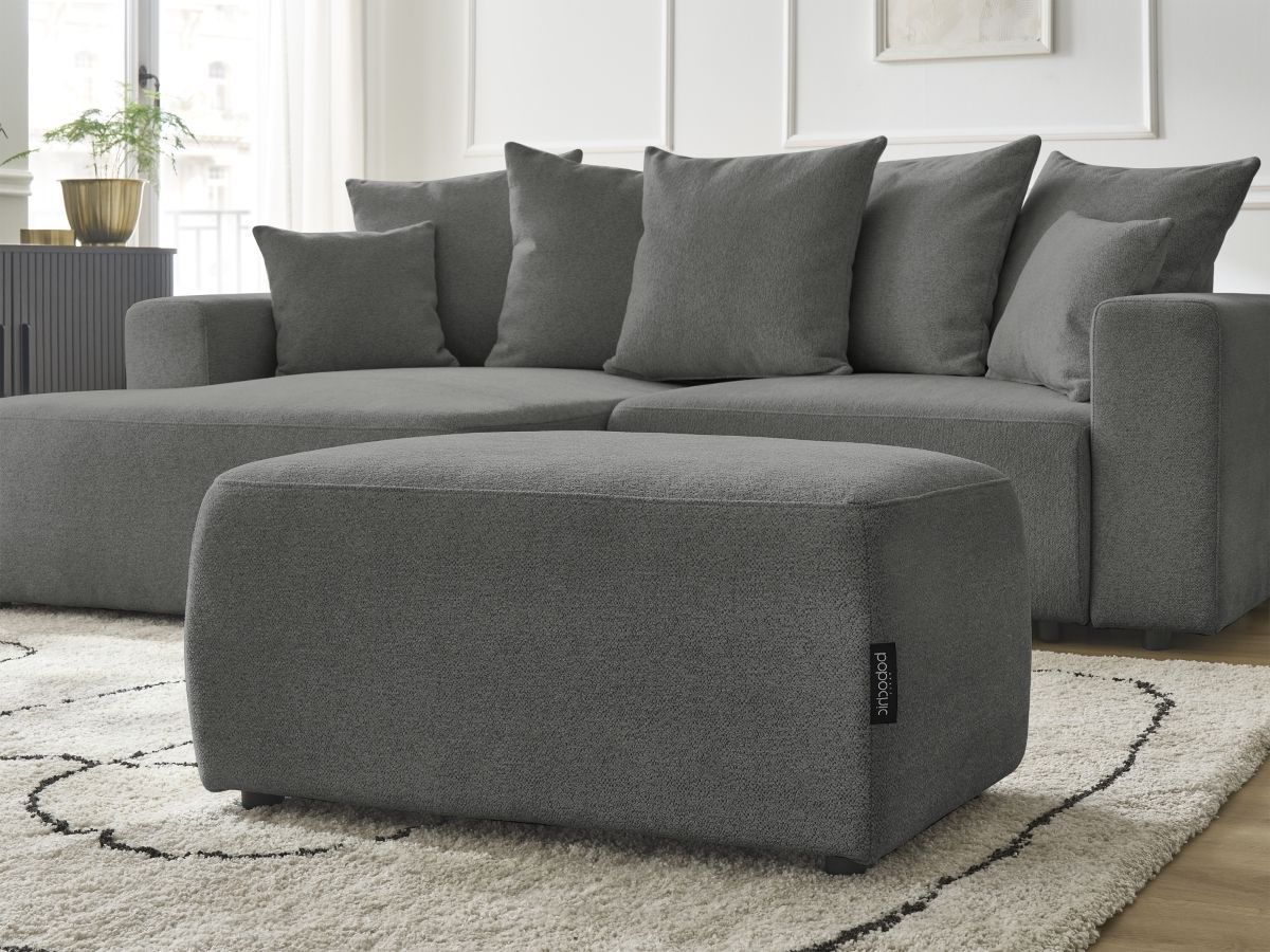 Bobochic Atilla Ecksofa mit Schlaffunktion und Bettkasten und Pouf Melange-Stoff Dunkelgrau Ecke links