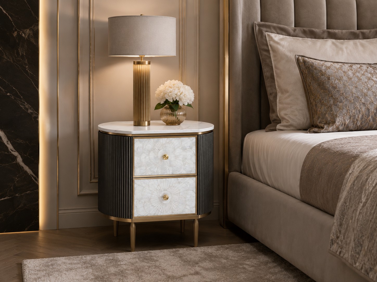 Livin Hill Nachttisch Stilig Bedroom 55 cm Dunkles Metallic-Braungrau, Platte Weiß