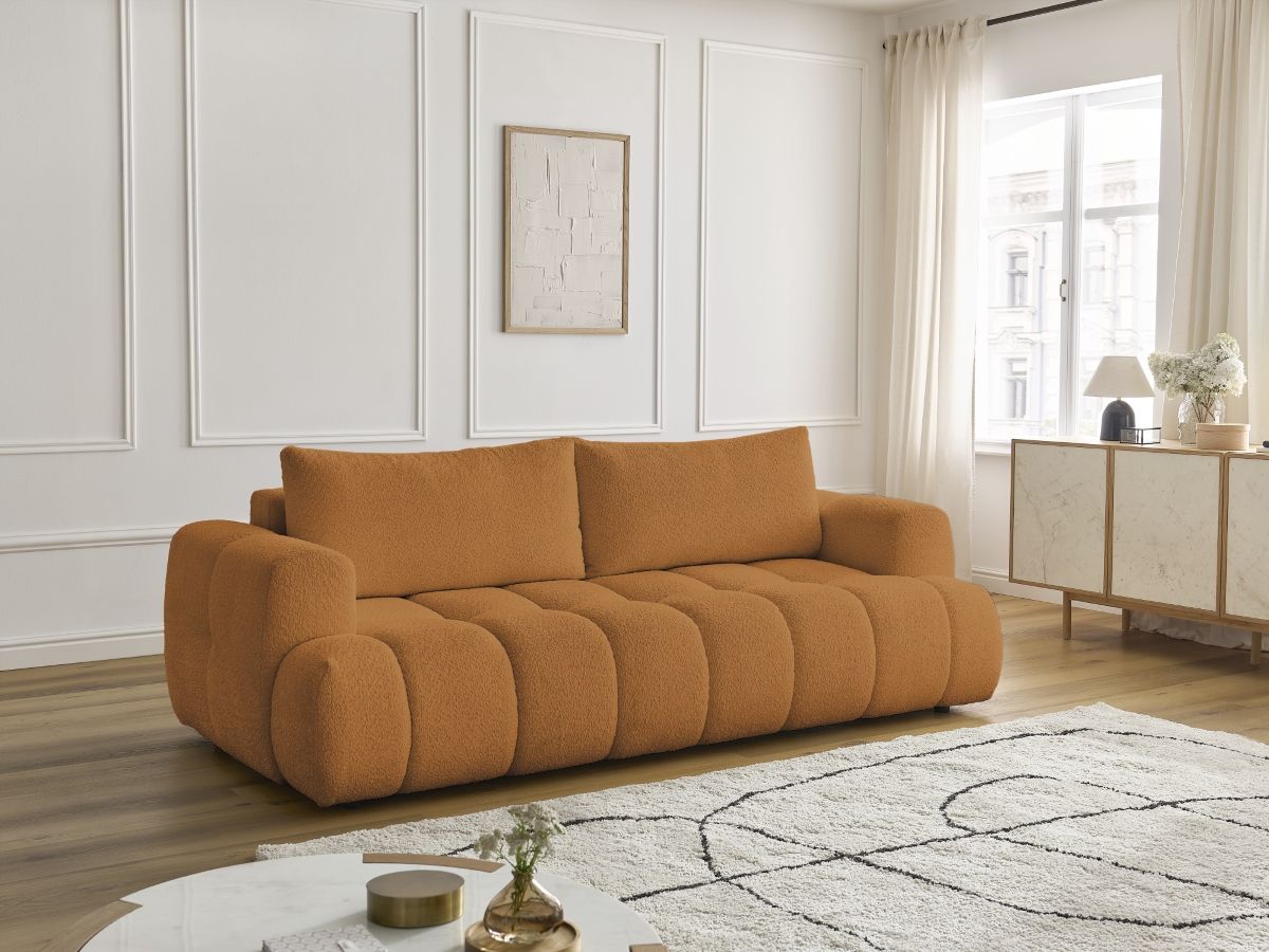 Bobochic Fuji Schlafsofa 3-Sitzer mit Bettkasten Bouclé-Stoff Gelb