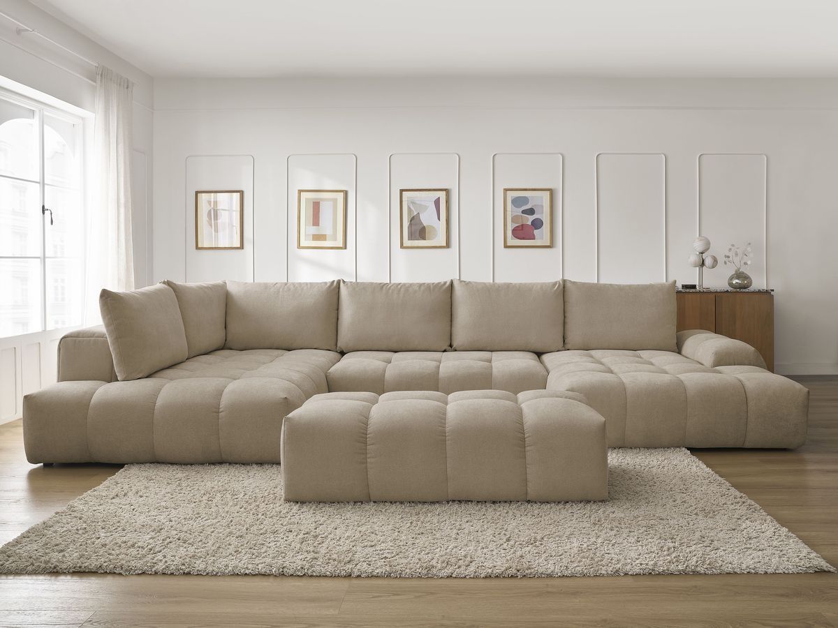 Bobochic Everest Wohnlandschaft mit Pouf, 6 Kissen Strukturstoff Taupe Ecke rechts