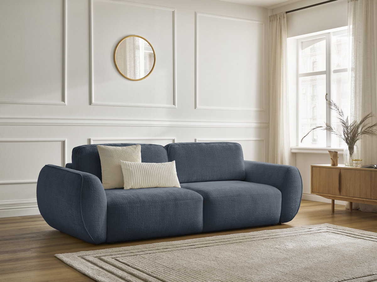Bobochic Denise Schlafsofa 3-Sitzer mit Bettkasten Strukturstoff Dunkelblau