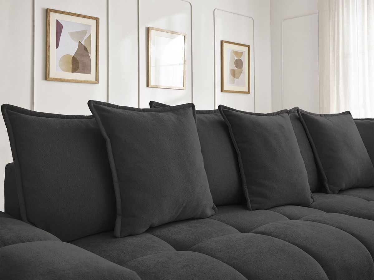 Bobochic Everest Ecksofa mit Schlaffunktion und Bettkasten 320 × 212 cm, 10 Kissen Strukturstoff Schwarz Ecke rechts