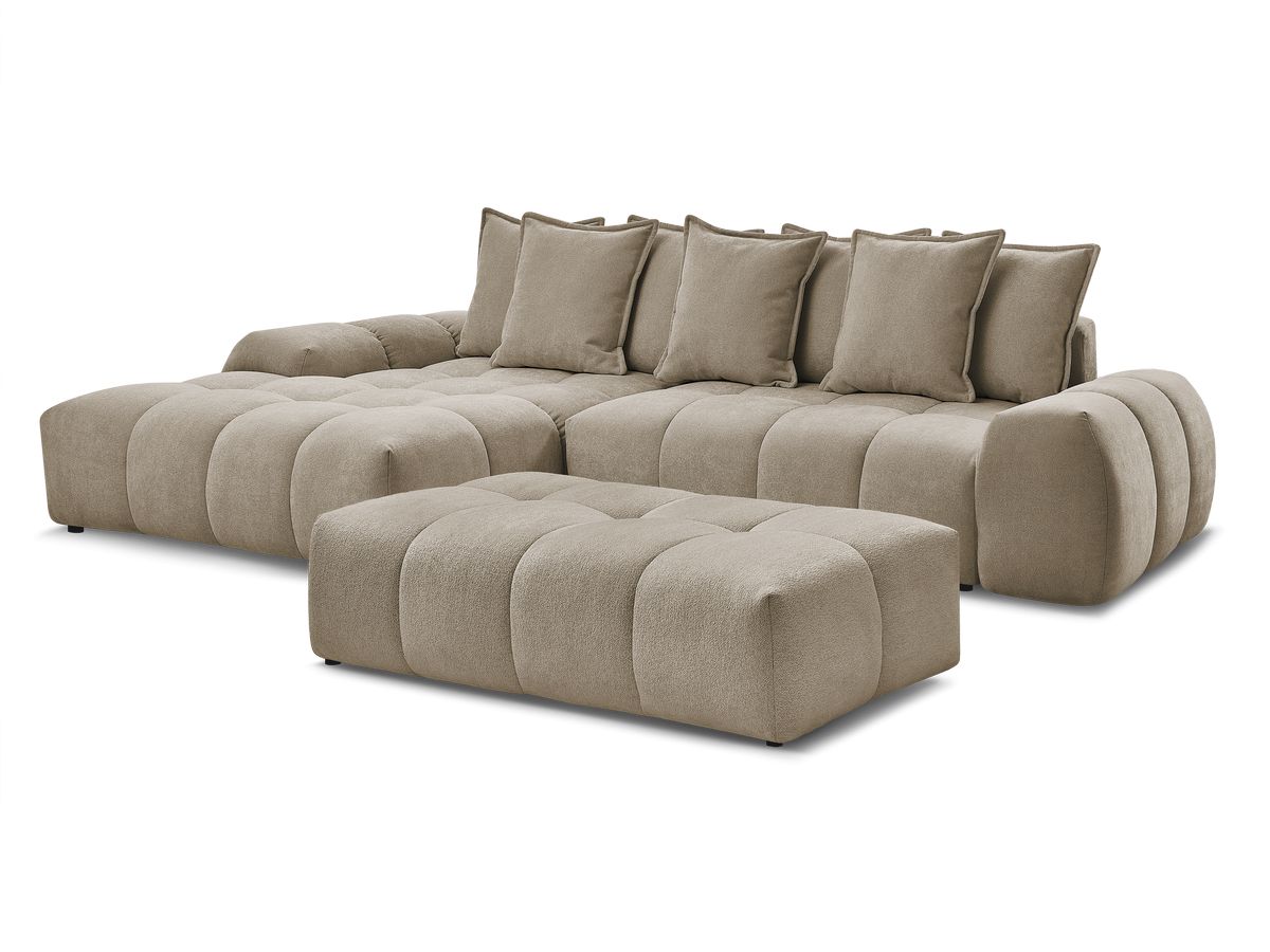 Bobochic Everest Ecksofa mit Schlaffunktion und Bettkasten und Pouf 318 × 180 cm, 7 Kissen Strukturstoff Taupe Ecke links