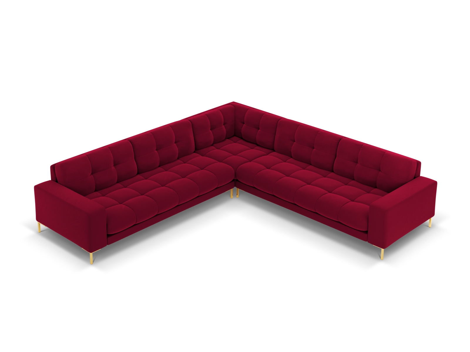 Cosmopolitan Design Symmetrisches Ecksofa Bali 6-Sitzer Samt Bluvel Rot Beine Gold