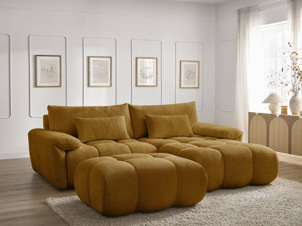 Bobochic Ivane Ecksofa mit Pouf Strukturstoff Gelb Ecke rechts