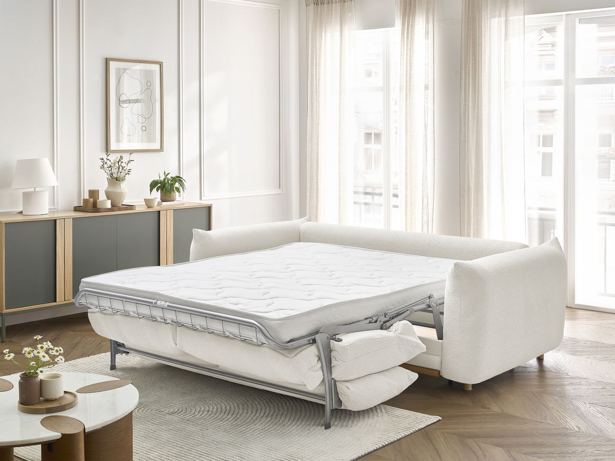 Bobochic Ernest Schlafsofa 3-Sitzer, Liegefläche 190 × 140 / 160 cm Bouclé-Stoff Weiß, Liegefläche 140 × 190 cm