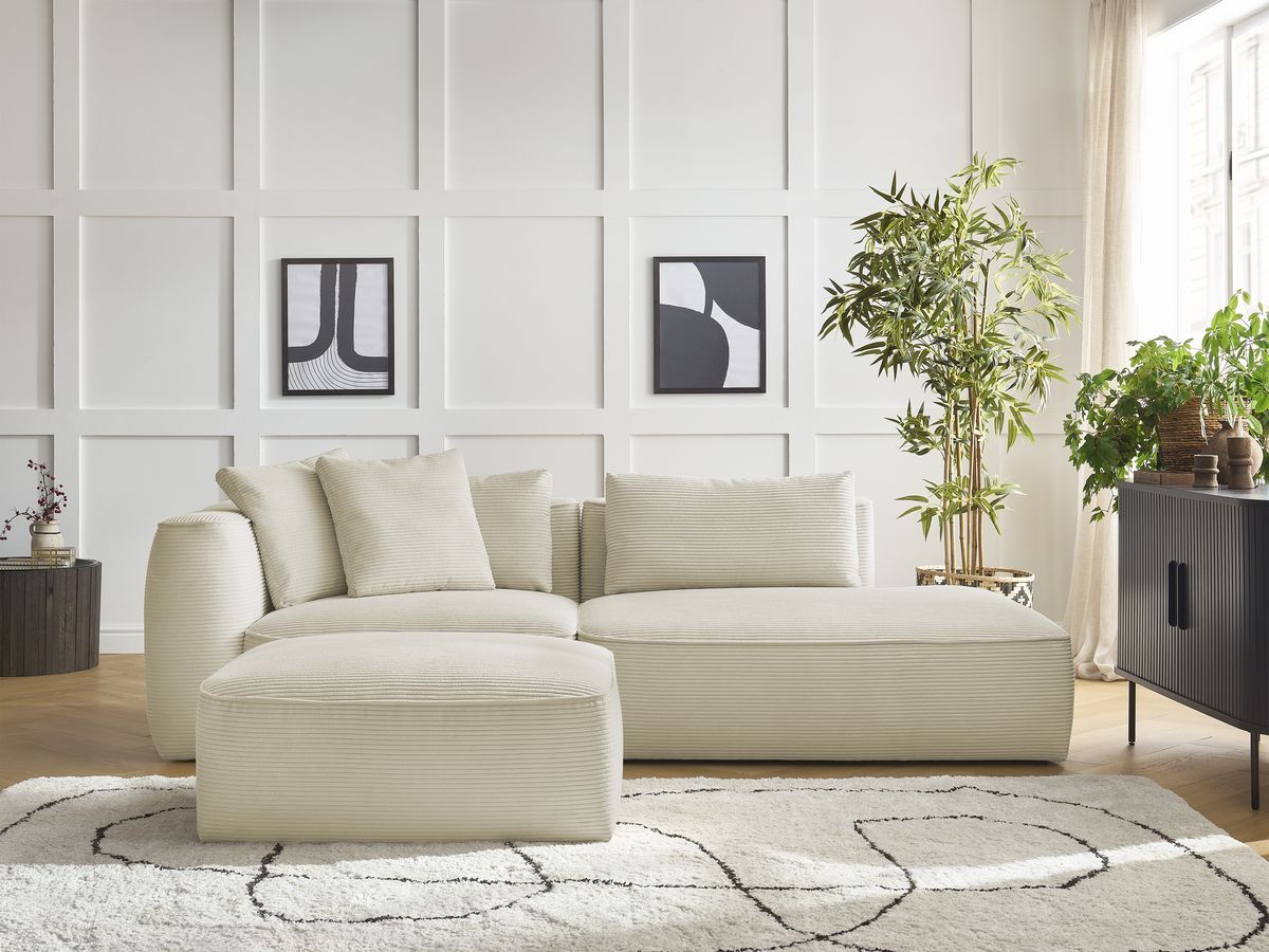Bobochic Leopold Sofa 4-Sitzer mit Pouf Cordsamt Beige Armlehne links