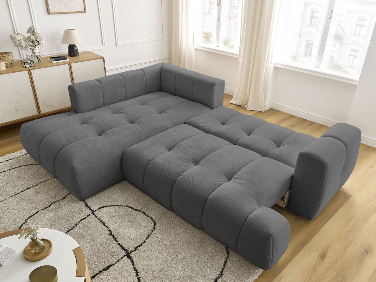 Bobochic Fuji Ecksofa mit Schlaffunktion und Bettkasten 282 × 204 cm Stoff Dunkelgrau Ecke links
