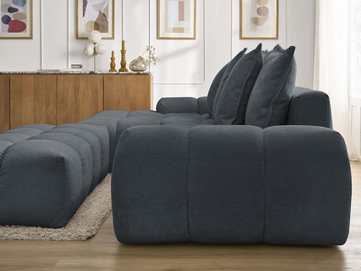Bobochic Everest Ecksofa mit Schlaffunktion und Bettkasten und Pouf 318 × 180 cm, 7 Kissen Strukturstoff Blau Ecke links