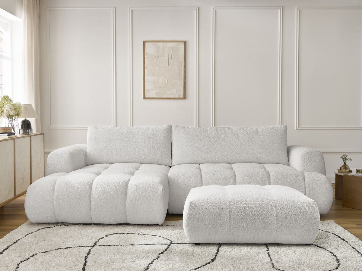 Bobochic Fuji Ecksofa mit Schlaffunktion und Bettkasten und Pouf 292 × 160 cm Bouclé-Stoff Weiß Ecke links
