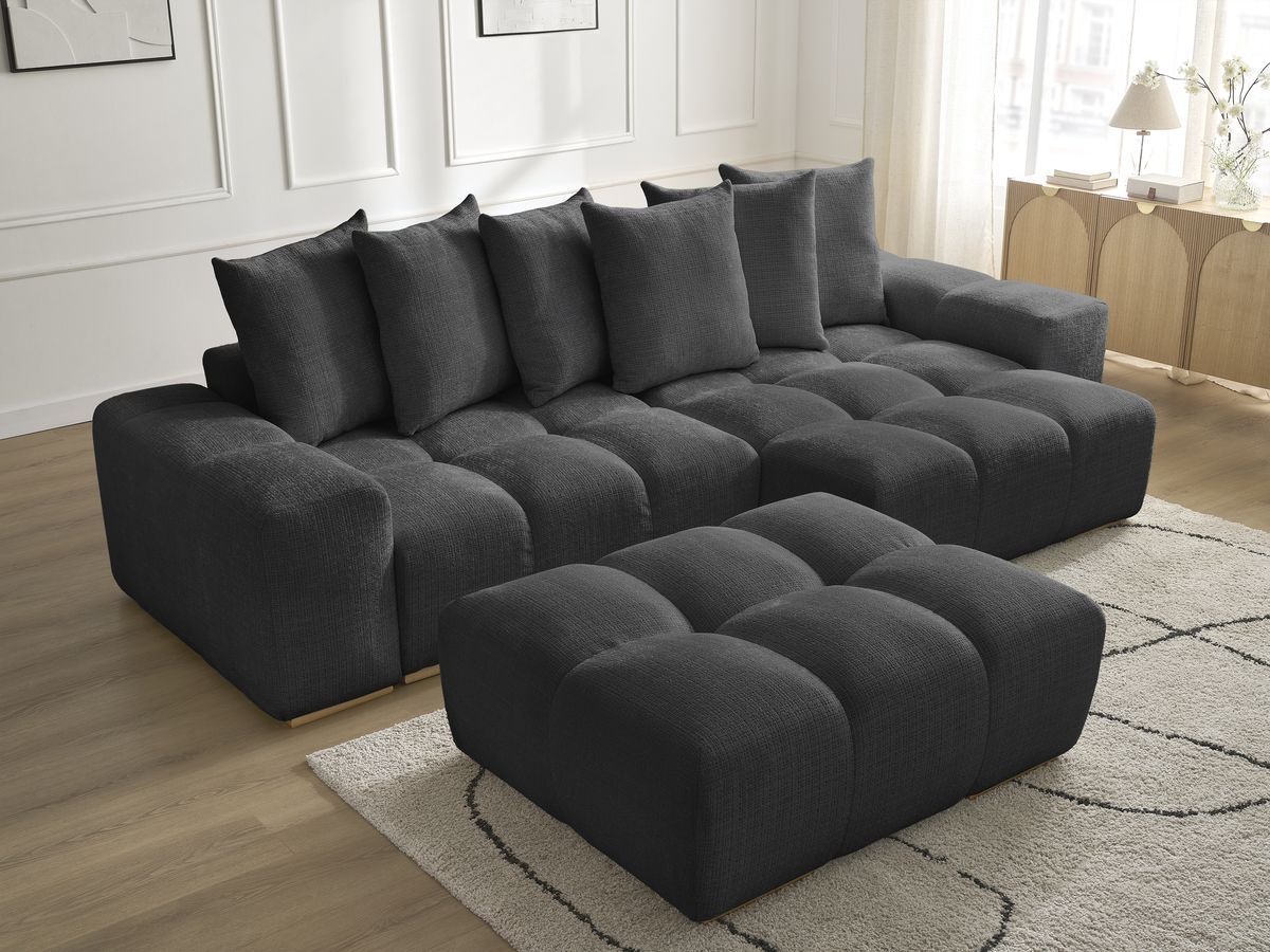 Bobochic Anakin Ecksofa mit Pouf, 6 Kissen Strukturstoff Schwarz