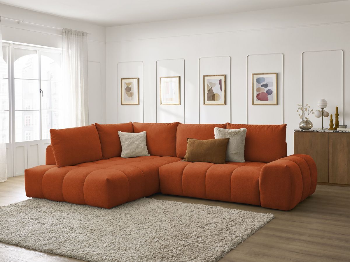 Bobochic Everest Ecksofa mit Schlaffunktion und Bettkasten 320 × 212 cm, 5 Kissen Strukturstoff Orange Ecke links