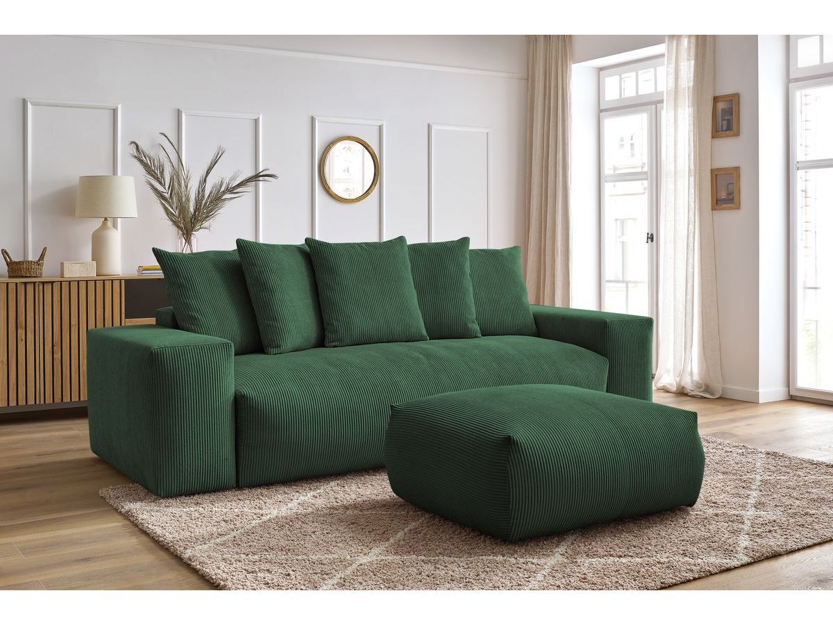Bobochic Voltaire Schlafsofa 4-Sitzer mit Bettkasten und Pouf Cordsamt Grün