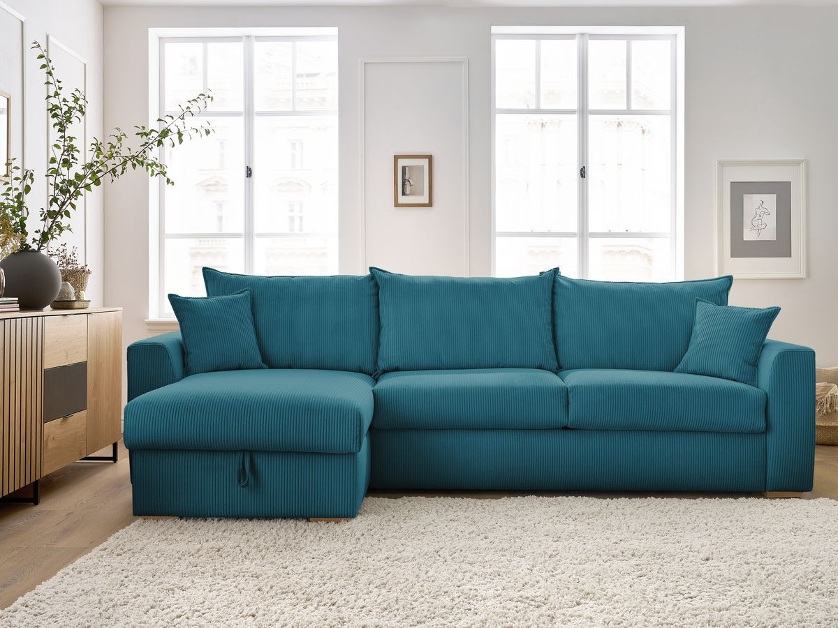 Bobochic Augustin Ecksofa mit Schlaffunktion und Bettkasten Cordsamt Hellblau, Liegefläche 140 × 200 cm