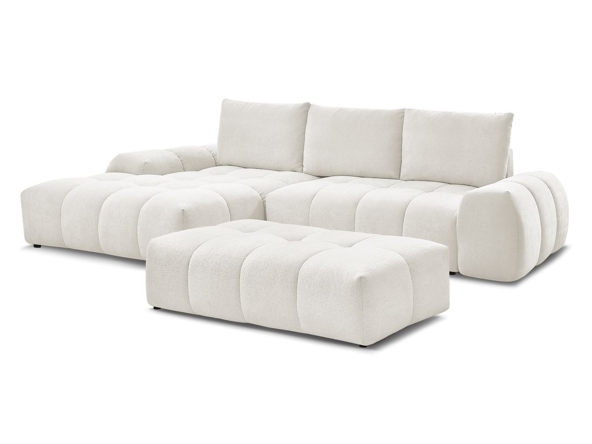 Bobochic Everest Ecksofa mit Schlaffunktion und Bettkasten und Pouf 318 × 180 cm, 3 Kissen Strukturstoff Weiß Ecke links
