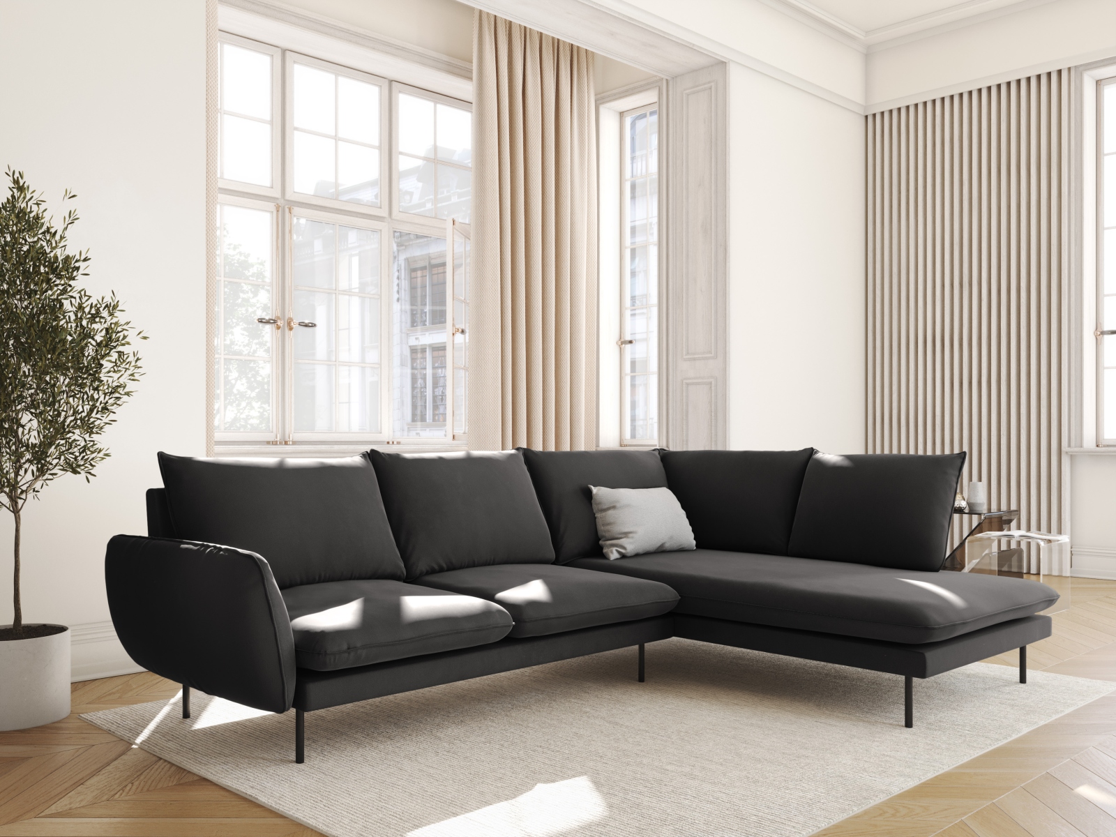 Cosmopolitan Design Ecksofa Vienna 6-Sitzer Samt Bluvel Dunkelgrau Melange Rechts Beine Schwarzes Metall
