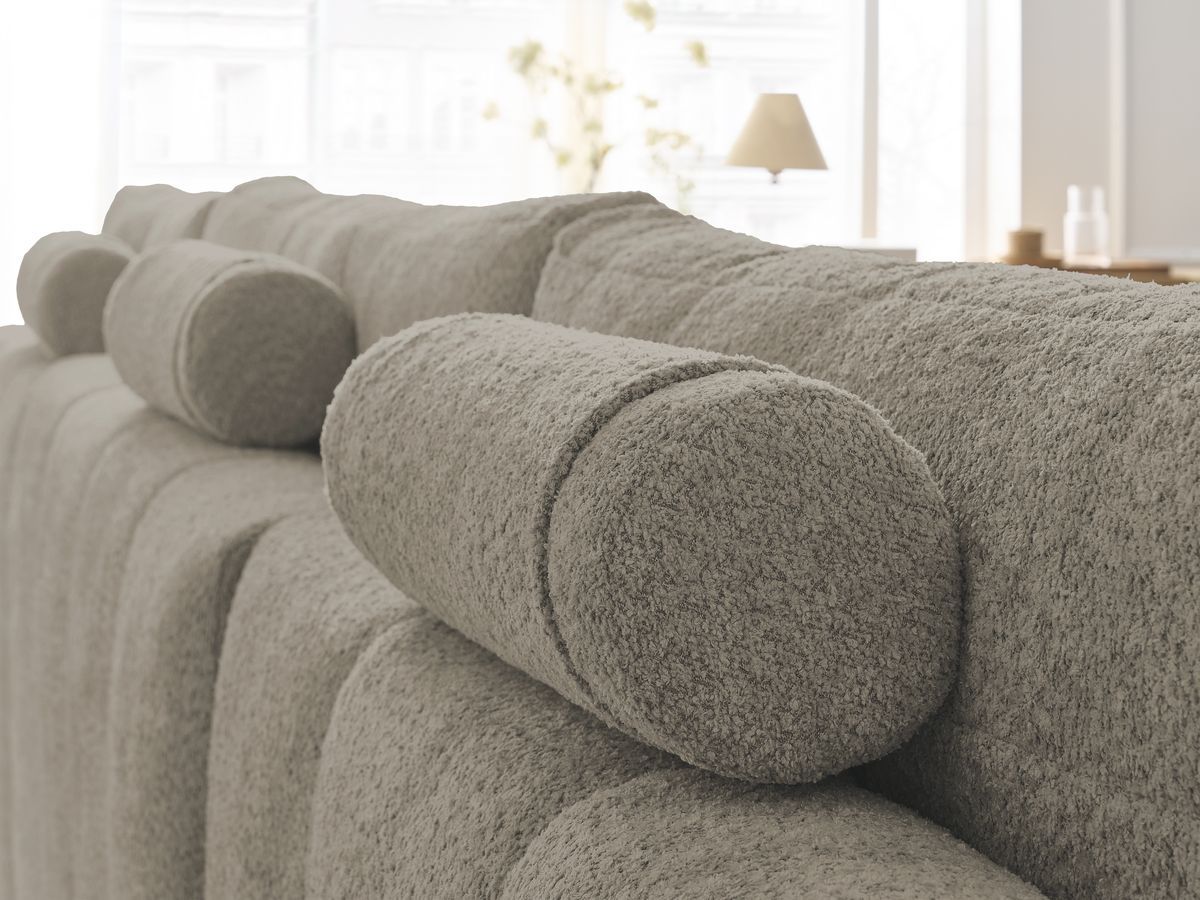 Bobochic Anakin Wohnlandschaft mit Pouf, Liegefläche 137 × 382 cm, 3 Kissen Bouclé-Stoff Taupe
