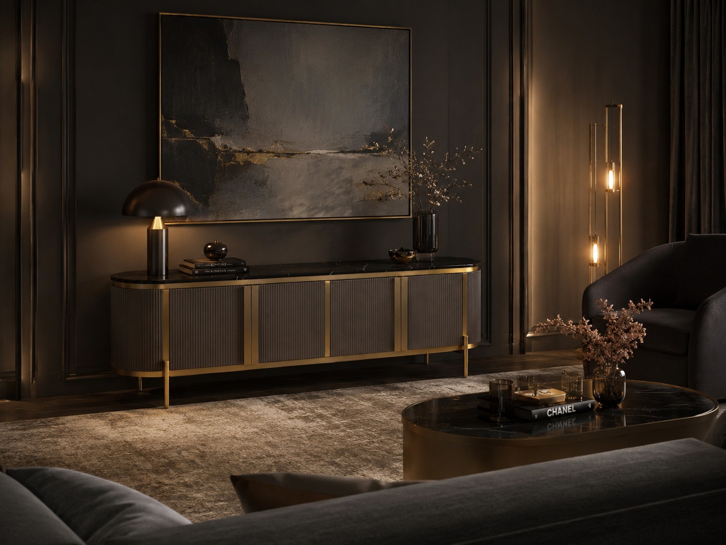 Livin Hill TV-Kommode Stilig 200 × 40 × 60 cm Schwarz, Platte Marmoroptik