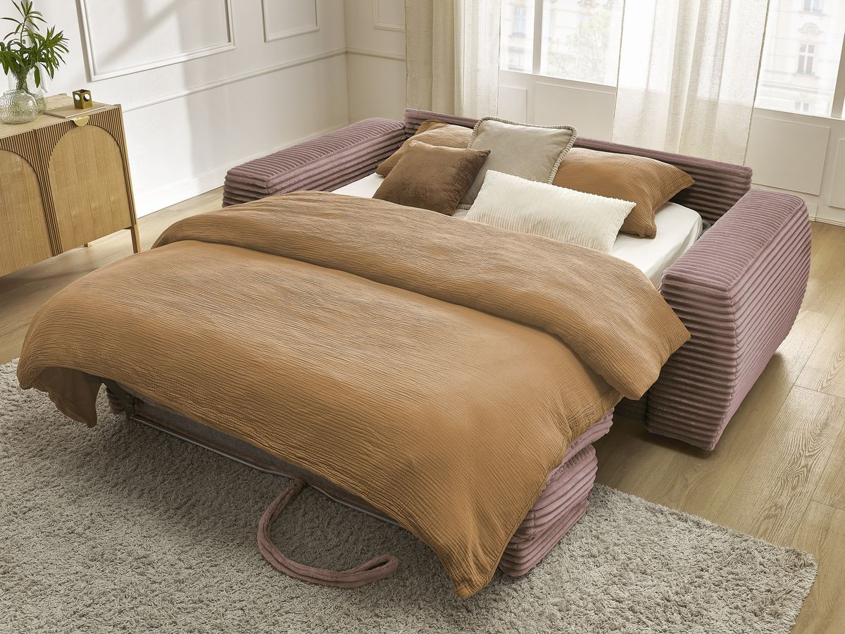 Bobochic Hugo Schlafsofa 3-Sitzer Cordsamt Rosa, Liegefläche 140 × 190 cm