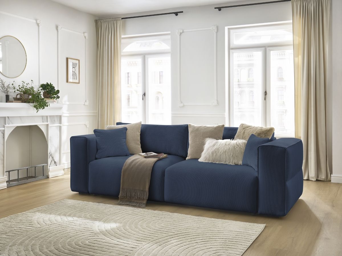 Bobochic Ezechiel Schlafsofa 3-Sitzer mit Bettkasten Melange-Stoff Dunkelblau