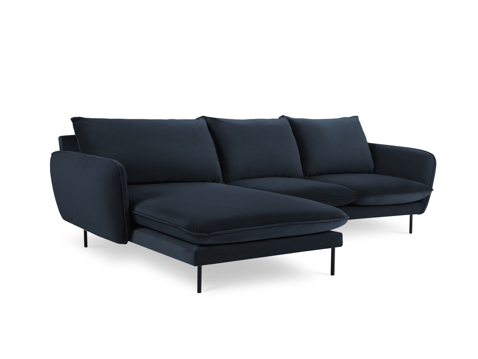 Cosmopolitan Design Ecksofa Vienna 5-Sitzer Samt Bluvel Dunkelblau Links Beine Schwarzes Metall