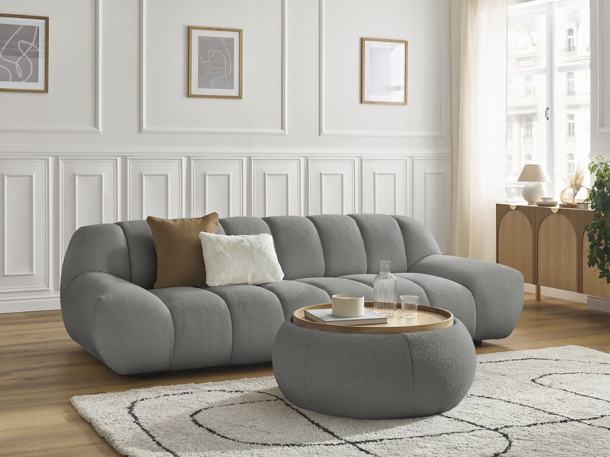 Bobochic Hayden Sofa 3-Sitzer mit Pouf 256 × 107 cm Bouclé-Stoff Dunkelgrau
