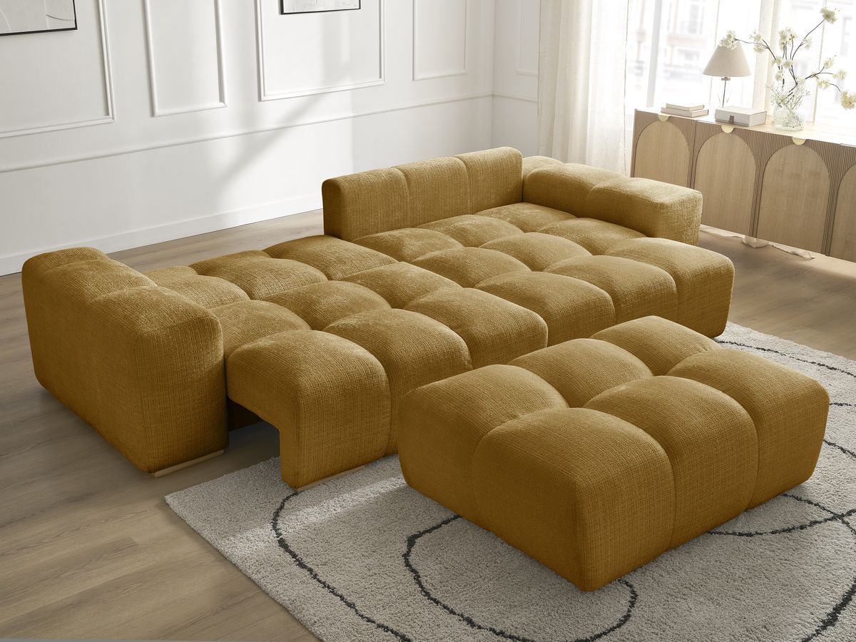 Bobochic Anakin Ecksofa mit Schlaffunktion und Bettkasten und Pouf, 6 Kissen Strukturstoff Gelb