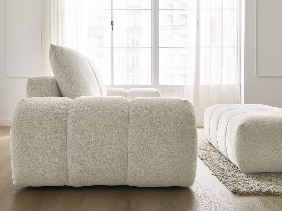 Bobochic Everest Schlafsofa 3-Sitzer mit Bettkasten und Pouf, 2 Kissen Melange-Stoff Weiß