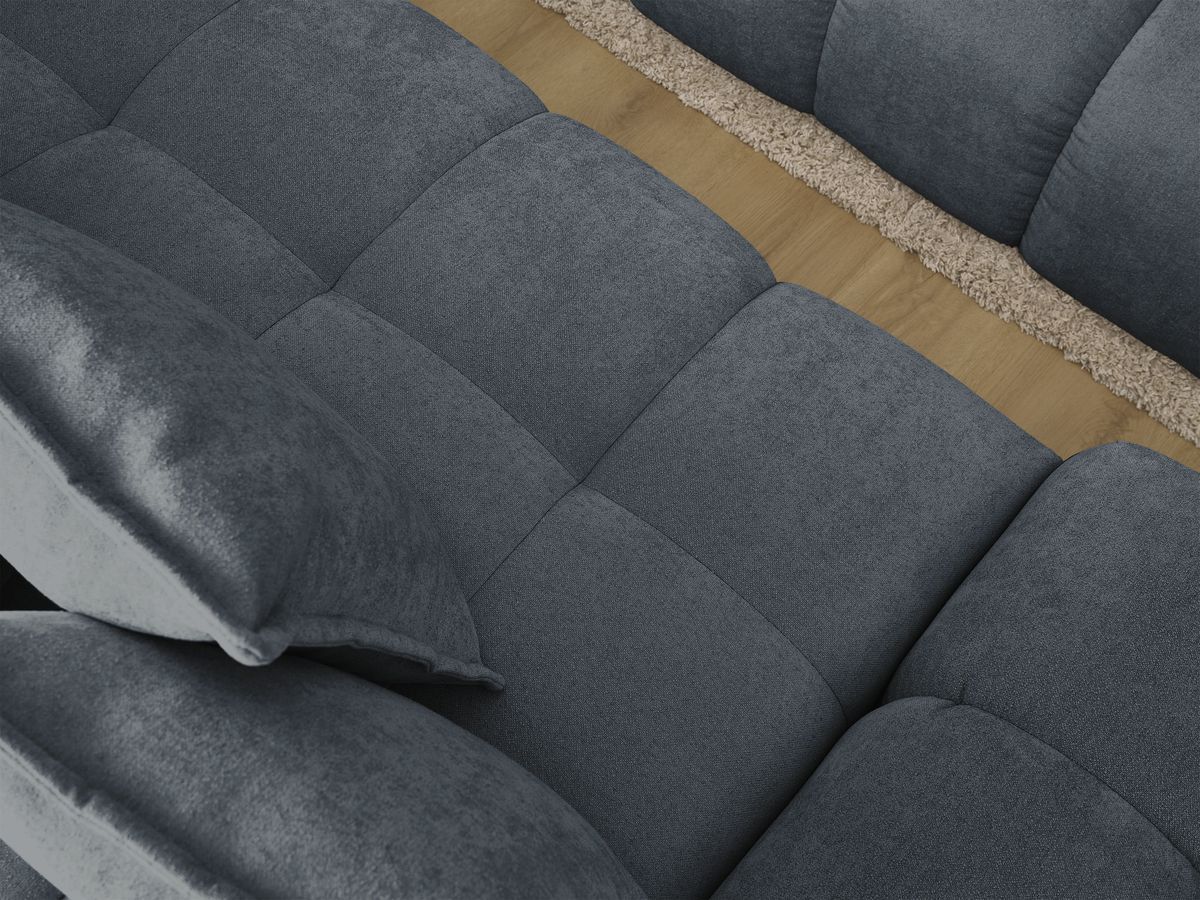 Bobochic Everest Ecksofa mit Schlaffunktion und Bettkasten 318 × 180 cm, 7 Kissen Strukturstoff Dunkelblau Ecke rechts