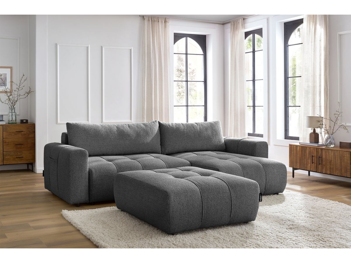 Bobochic Arsene Ecksofa mit Schlaffunktion und Bettkasten und Pouf 288 × 148 cm Melange-Stoff Dunkelgrau