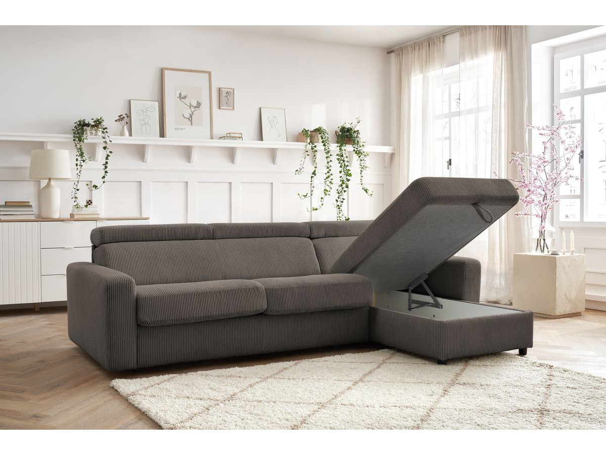 Bobochic Monaco Ecksofa mit Schlaffunktion und Bettkasten Cordsamt Taupe, Liegefläche 140 × 190 cm