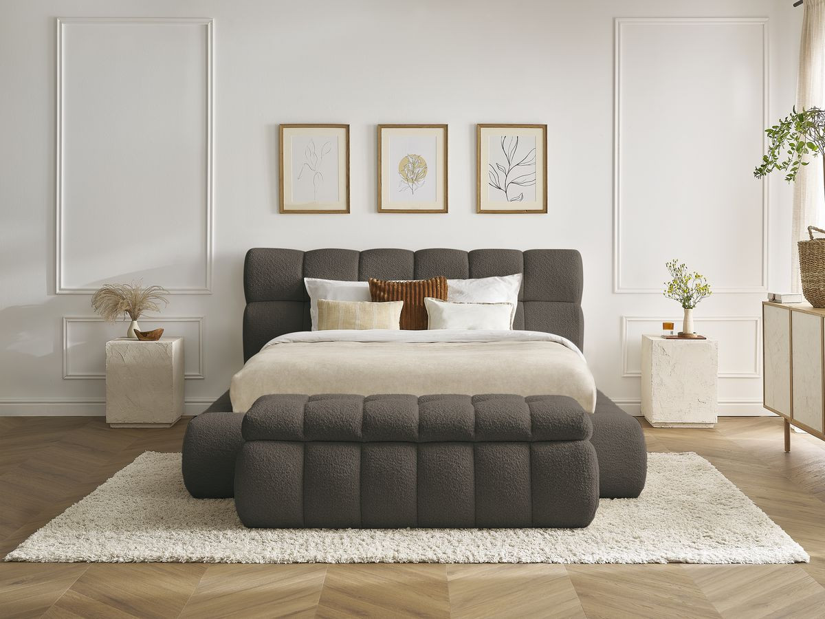Bobochic Mont-blanc Polsterbett mit Bettkasten mit Bettbank Bouclé-Stoff Braun, Liegefläche 140 × 190 cm