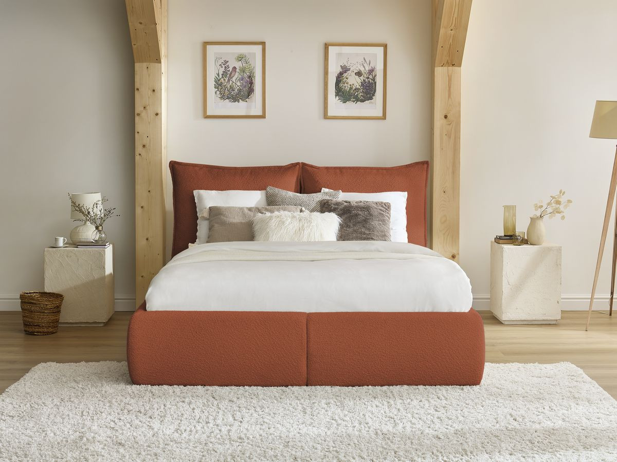 Bobochic Garance Polsterbett mit Bettkasten Bouclé-Stoff Orange, Liegefläche 180 × 200 cm