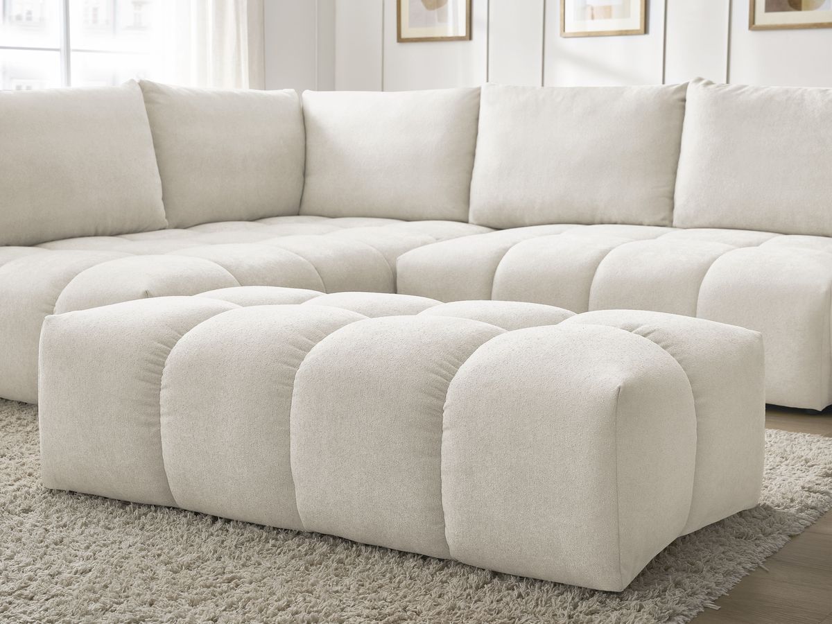 Bobochic Everest Ecksofa mit Schlaffunktion und Bettkasten und Pouf 320 × 212 cm, 5 Kissen Strukturstoff Beige Ecke links