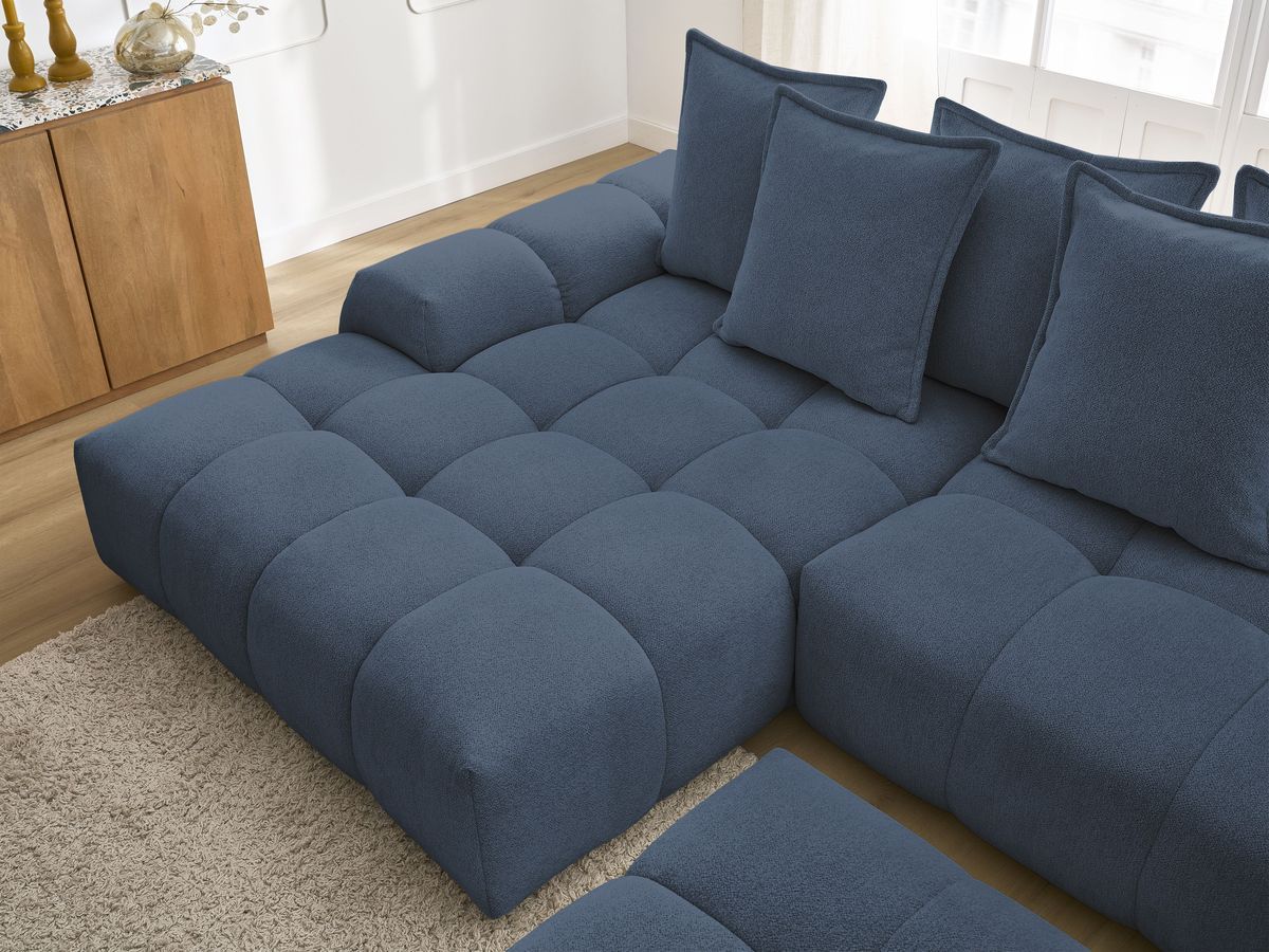 Bobochic Everest Ecksofa mit Schlaffunktion und Bettkasten und Pouf 318 × 180 cm, 7 Kissen Melange-Stoff Dunkelblau Ecke links
