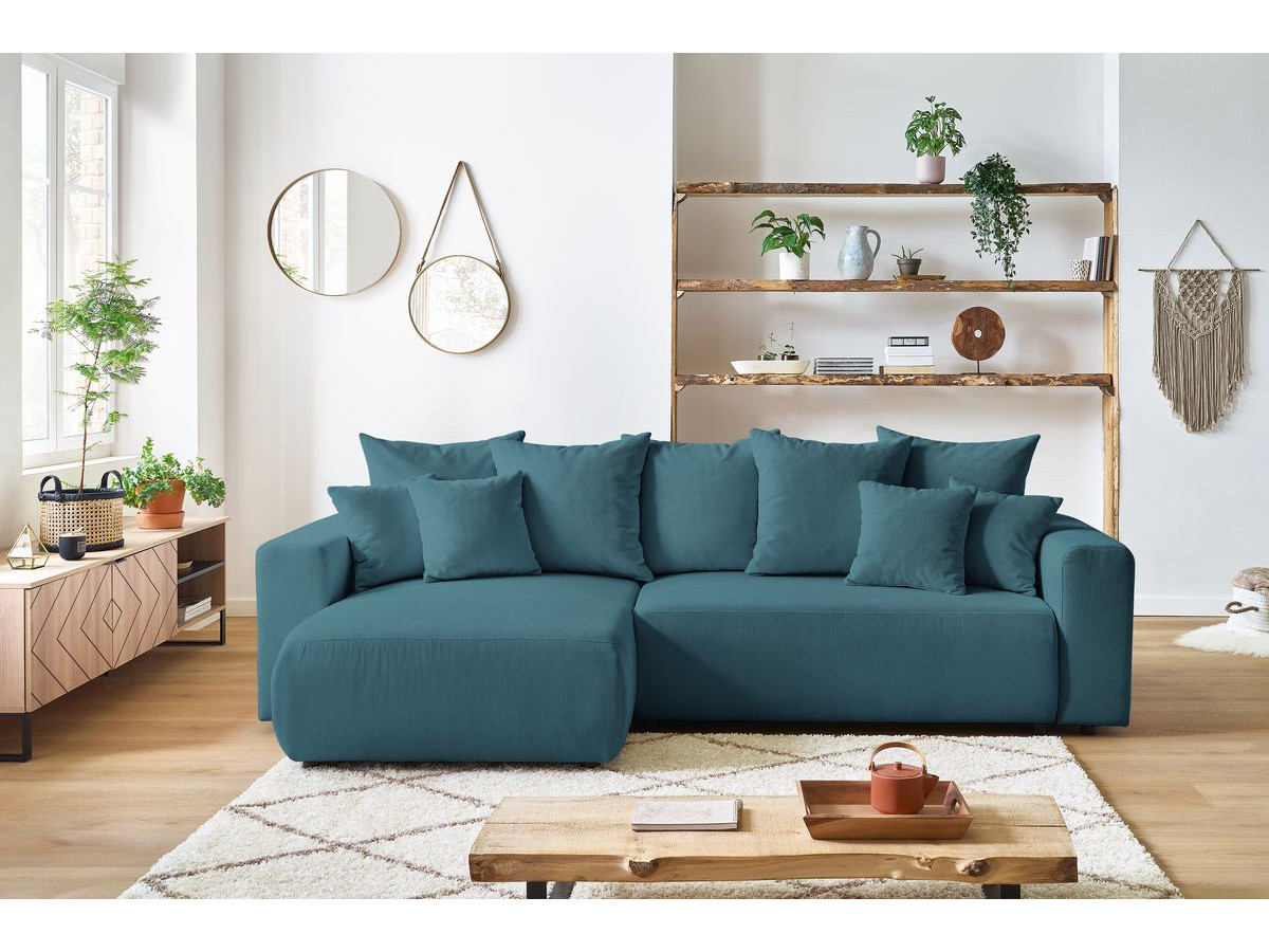Bobochic Envy Ecksofa mit Schlaffunktion und Bettkasten und Pouf Cordsamt Dunkelblau