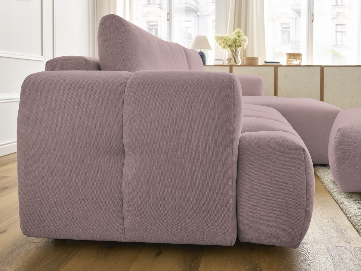 Bobochic Fuji Ecksofa mit Schlaffunktion und Bettkasten und Pouf 292 × 160 cm Stoff Rosa Ecke rechts