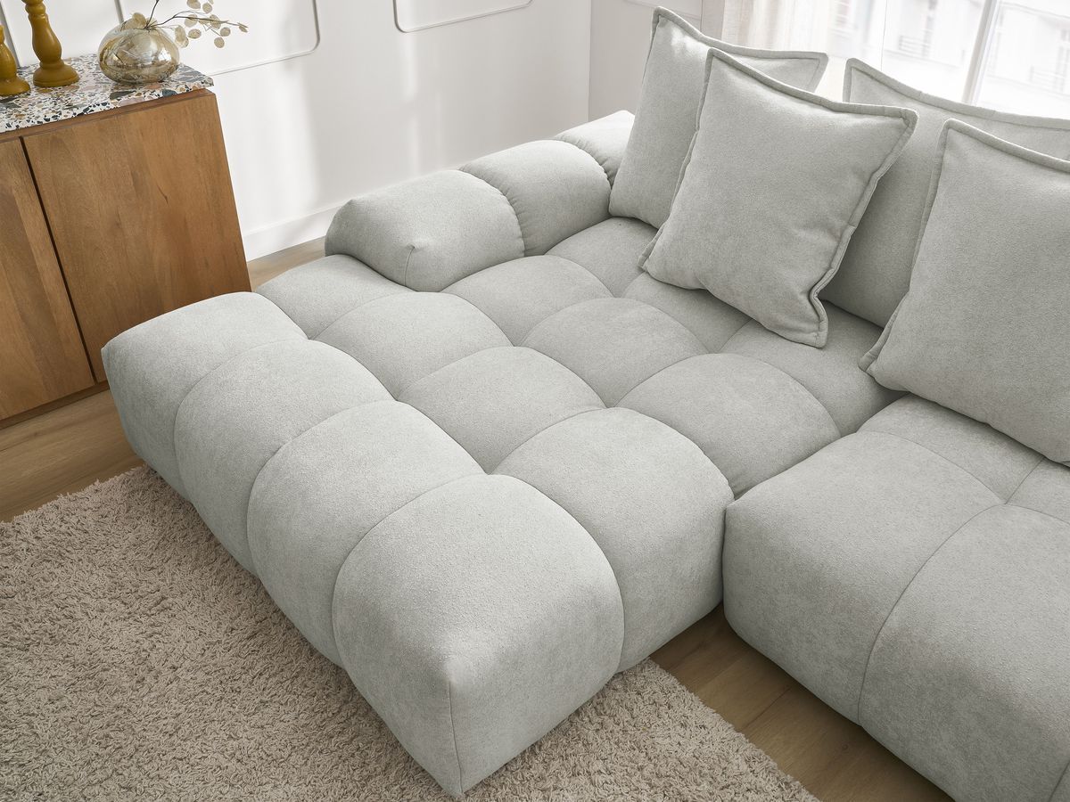 Bobochic Everest Ecksofa mit Schlaffunktion und Bettkasten 318 × 180 cm, 7 Kissen Strukturstoff Hellgrau Ecke links