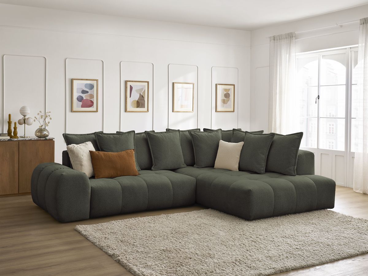 Bobochic Everest Ecksofa mit Schlaffunktion und Bettkasten 320 × 212 cm, 10 Kissen Melange-Stoff Grün Ecke rechts