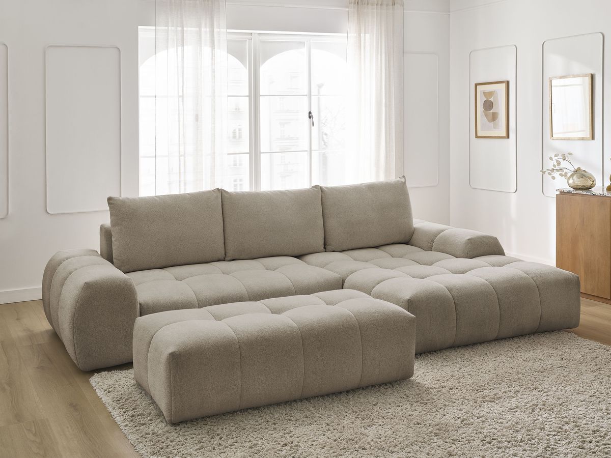 Bobochic Everest Ecksofa mit Schlaffunktion und Bettkasten und Pouf 318 × 180 cm, 3 Kissen Melange-Stoff Taupe Ecke rechts