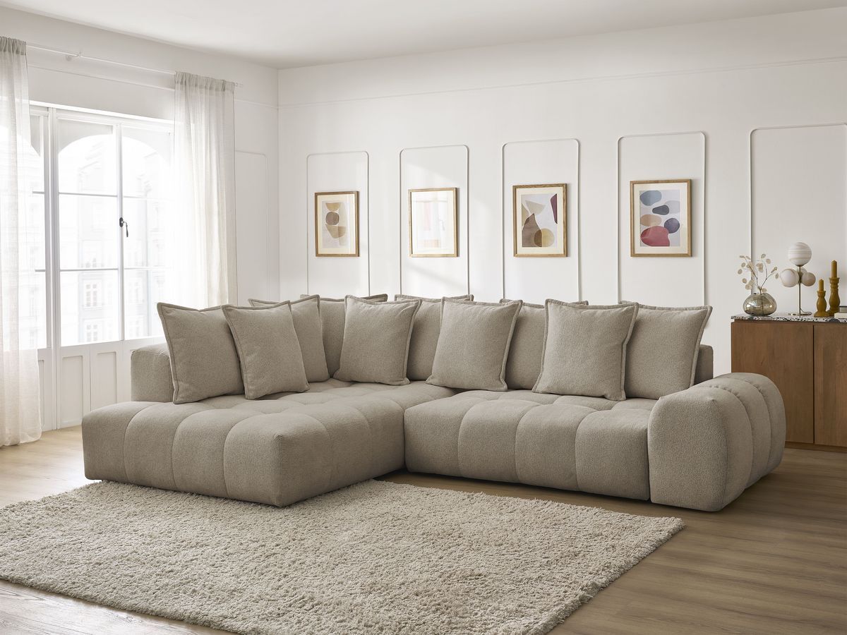 Bobochic Everest Ecksofa mit Schlaffunktion und Bettkasten 320 × 212 cm, 10 Kissen Melange-Stoff Taupe Ecke links