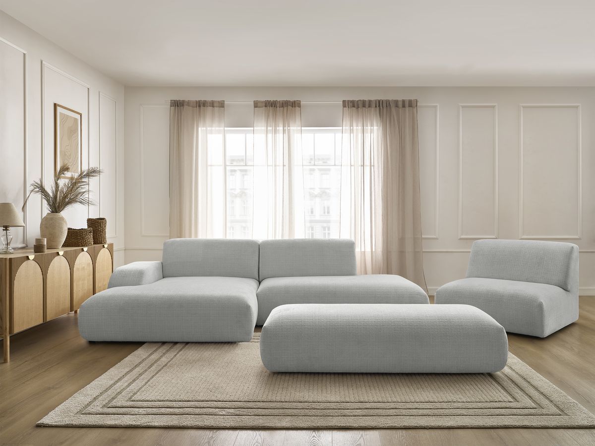 Bobochic Sirius Ecksofa mit Pouf 405 × 170 cm Strukturstoff Hellgrau Ecke links