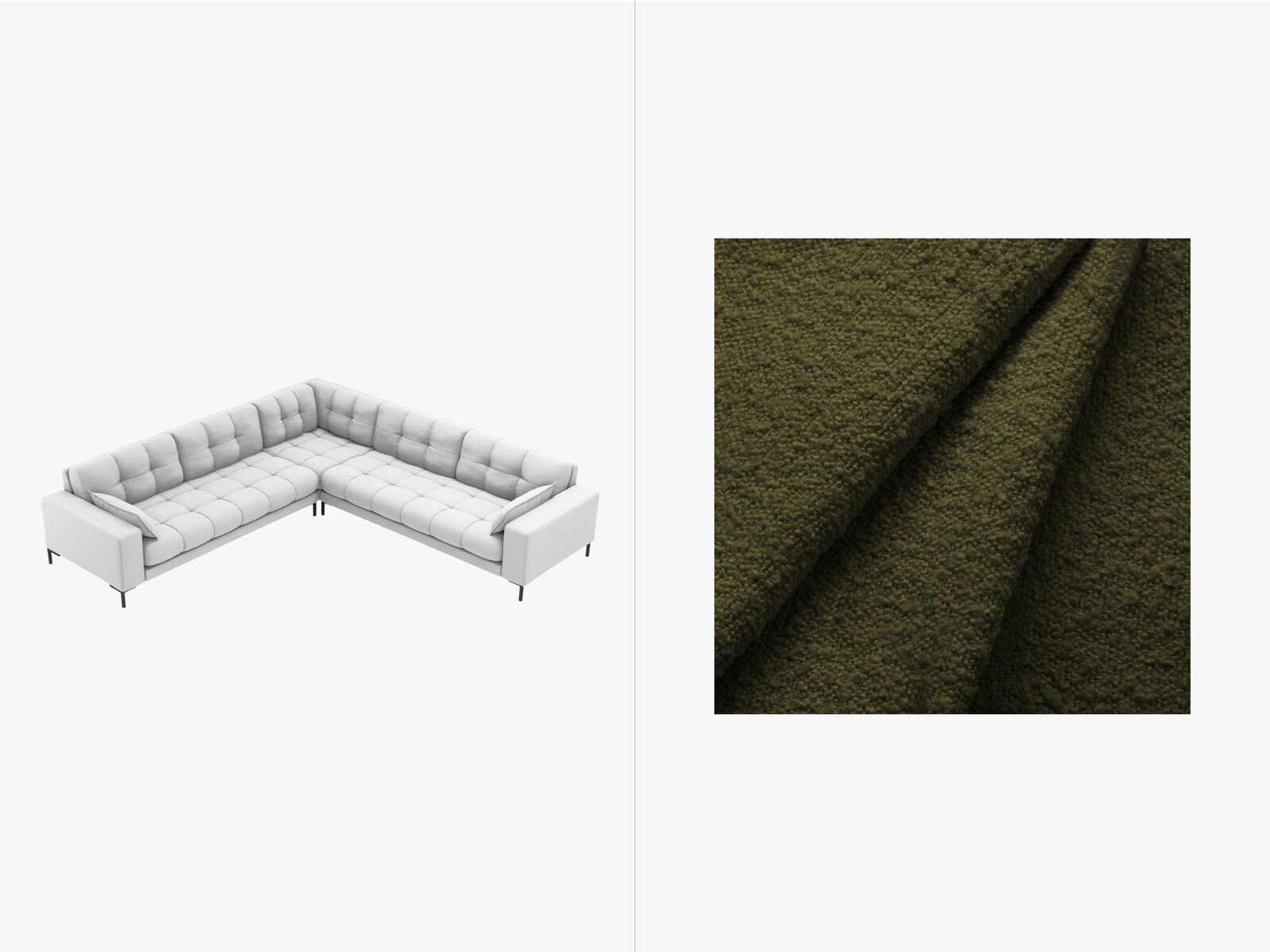 Micadoni Symmetrisches Ecksofa Mamaia 6-Sitzer Boucle Baloo Dunkel-Olivgrün schwarze Beine