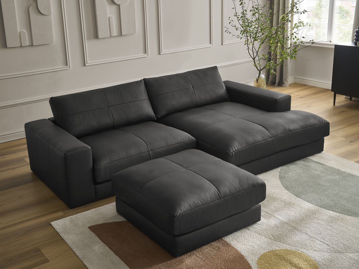 Bobochic Leonard Ecksofa mit Pouf 274 × 159 cm Leder Schwarz Ecke rechts