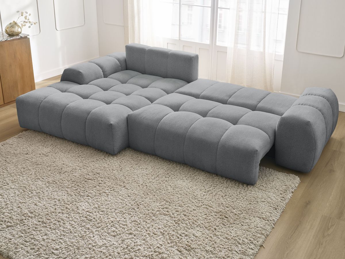 Bobochic Everest Ecksofa mit Schlaffunktion und Bettkasten 318 × 180 cm, 7 Kissen Melange-Stoff Dunkelgrau Ecke links