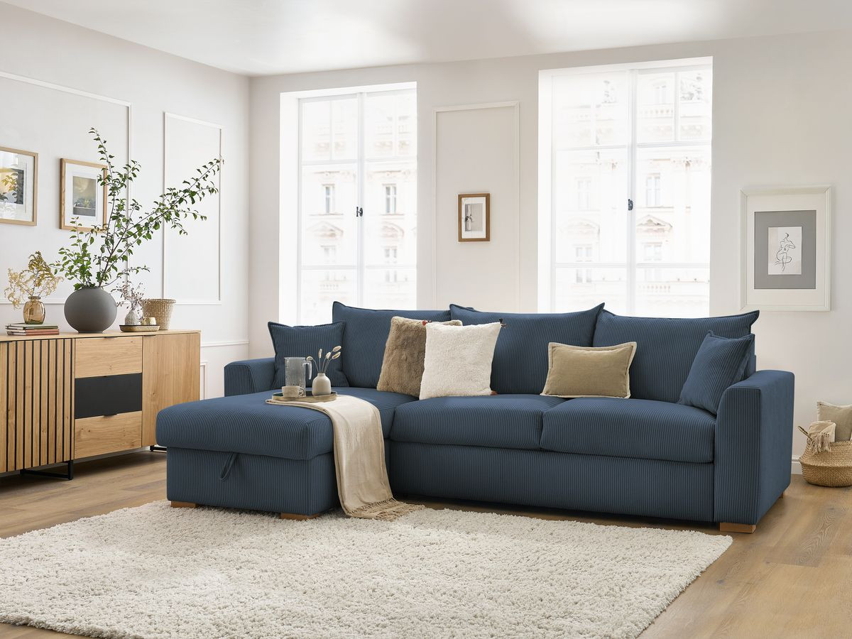 Bobochic Augustin Ecksofa mit Schlaffunktion und Bettkasten Cordsamt Dunkelblau, Liegefläche 160 × 200 cm