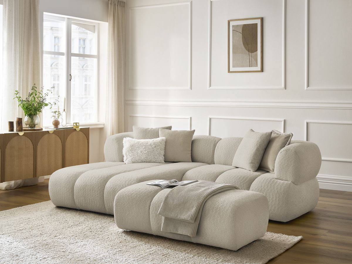 Bobochic Pamira Ecksofa mit Pouf Bouclé-Stoff Beige Ecke links