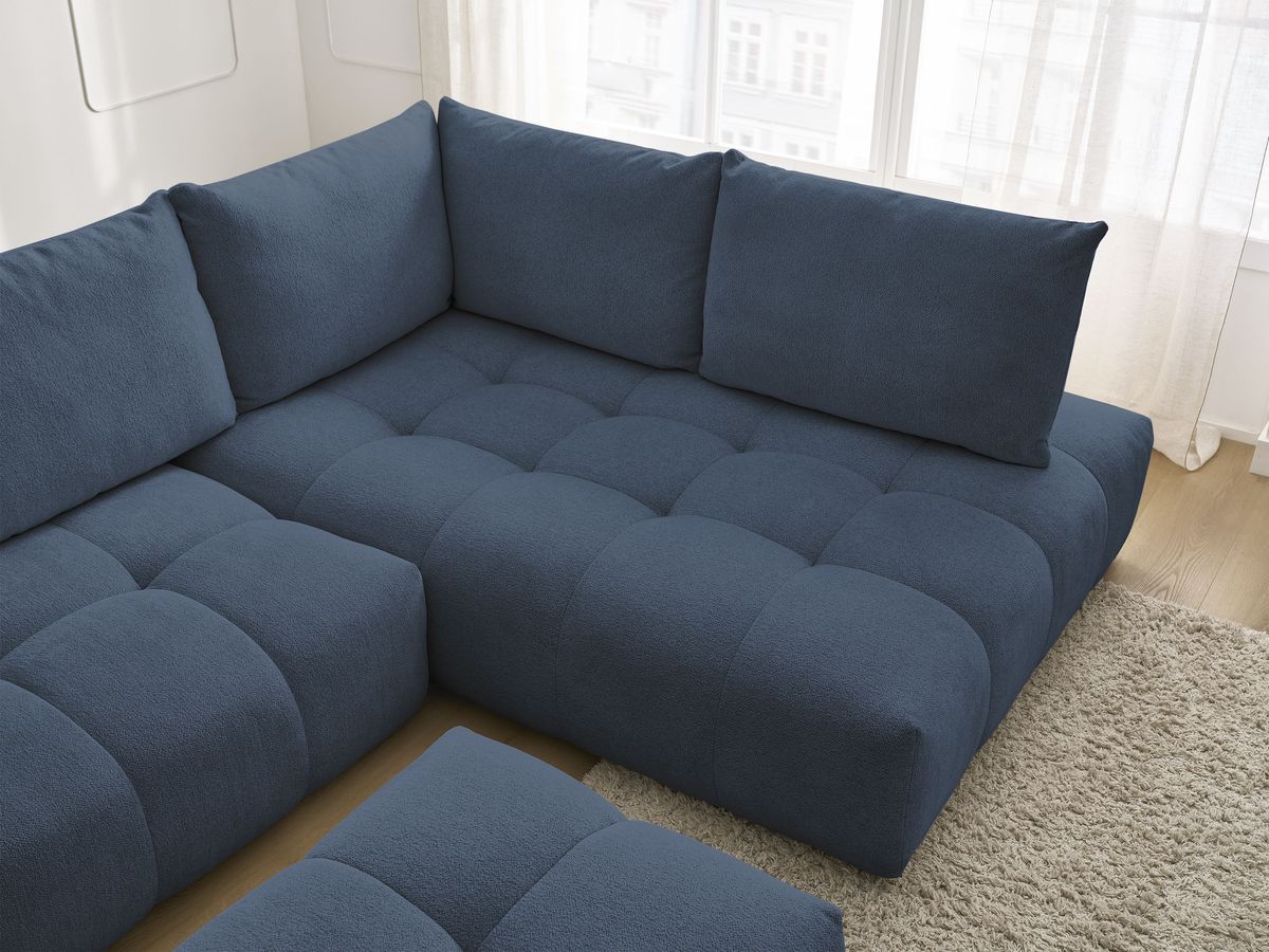 Bobochic Everest Ecksofa mit Schlaffunktion und Bettkasten und Pouf 320 × 212 cm, 5 Kissen Melange-Stoff Dunkelblau Ecke rechts
