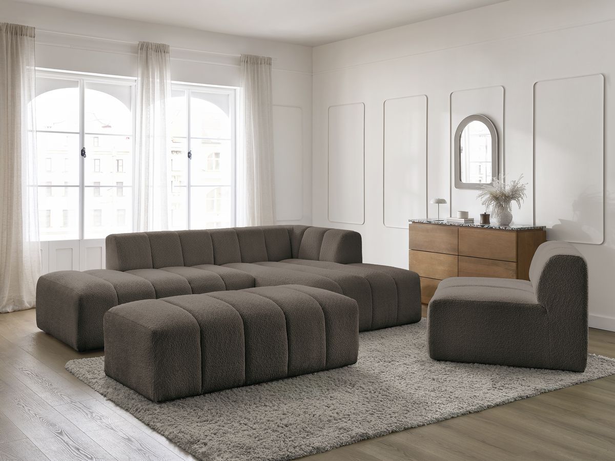 Bobochic Annecy Ecksofa mit Sofamodul und Pouf Bouclé-Stoff Braun Ecke rechts